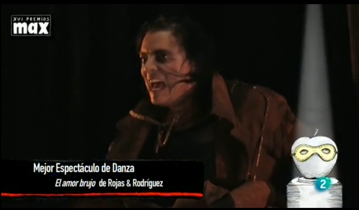 Captura de la gala XVI Premios Max con El Amor Brujo de Rojas & Rodríguez como finalista a Mejor Espectáculo de Danza — en pantalla, Antonio Canales